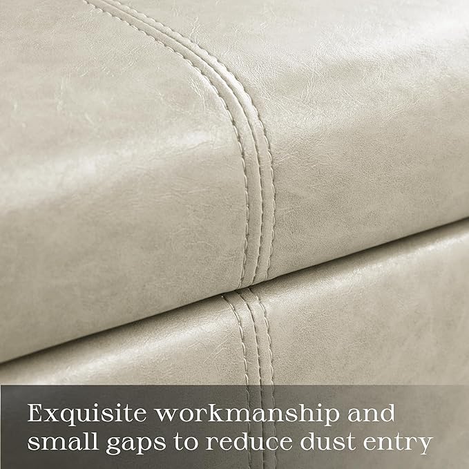 HUIMO Square Storage Ottoman, Tufted Leather Ottoman for Living Room (Khaki)