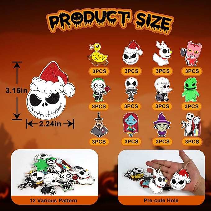 36 PCS Halloween Christmas Night-mare Ornaments Decorations, Halloween Christmas Wooden Hanging Ornaments Set, Night-mare Theme Ornaments for Tree Home Indoor Party Decor
