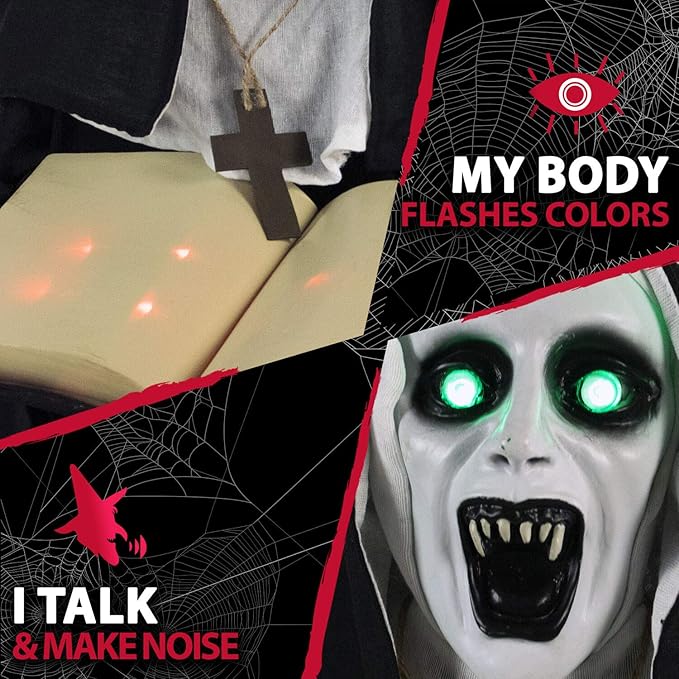 Haunted Hill Farm Life-Size Scary Talking Witch Nun Halloween Animatronic with Touch Activated Lights and Sound, Poseable, Battery Operated Indoor or Covered Outdoor Creepy Halloween Decorations