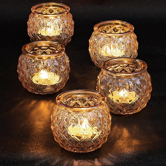 Gold Votive Candle Holders Set of 24- Round Glass Candle Holders Bulk for Table Centerpiece, Tea Lights Candle Holders for Wedding Shower, Party, Home Decor