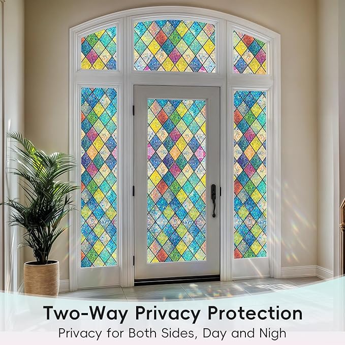 DUOFIRE Stained Glass Window Film Decorative Window Privacy Film Rainbow Diamond Grid Colorful Lattice Windows Cling Anti UV Static Cling Reusable Windows Decal for Home 11.8×39.3 inch