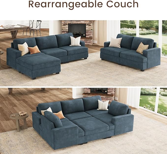Nolany Modular Sectional Couch with Storage Ottoman, Corduroy Sleeper Sectional Sofa with Chaise, Sectional Couches for Living Room, Blue