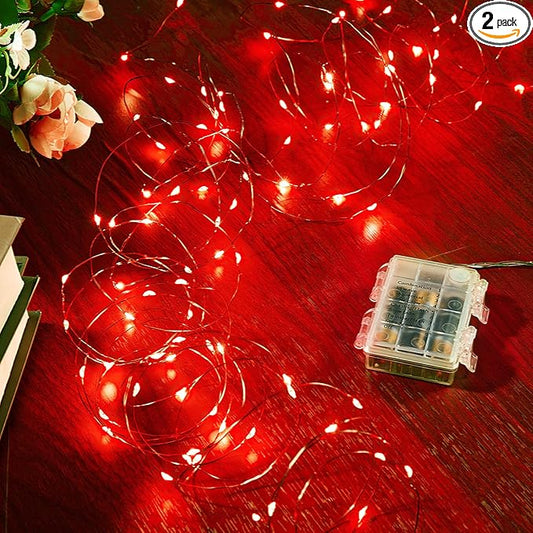 2 Pack 16.4 Ft. Battery Operated Outdoor String Lights with Remote & Timer, LED Red Fairy Lights, Waterproof Twinkle Lights for Bedroom, Dorm, Mason Jar, Wedding, Party, Christmas