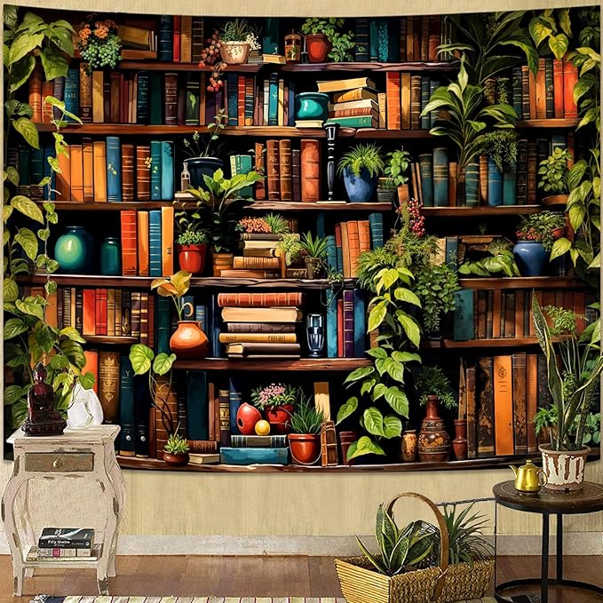 Accnicc Botanical Bookshelf Tapestry Lush Green Plant Book Shelf Tapestries Wall Hanging Art Vintage Retro Potted Plants Academics Small Library Tapestry for Bedroom Living Room Dorm 60 x 44 inch