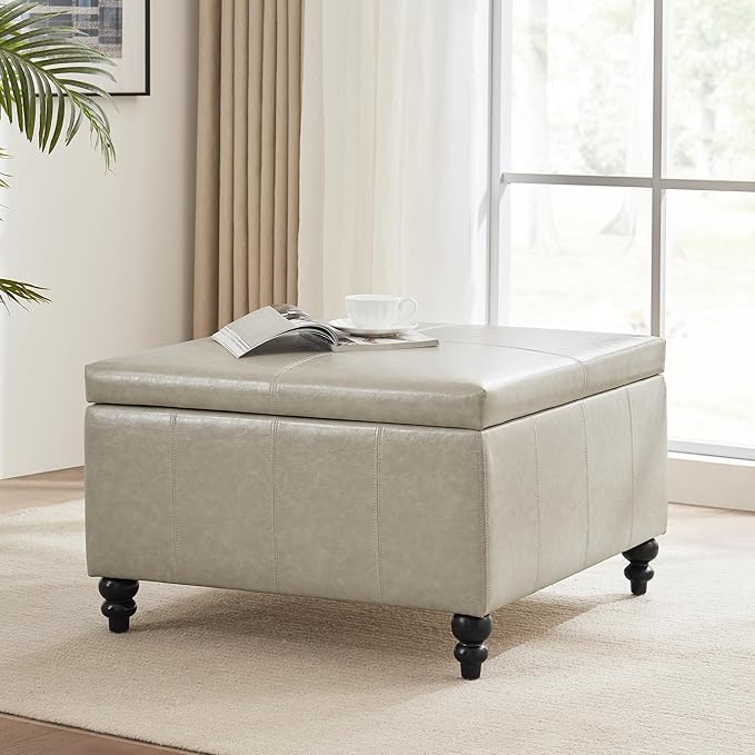 HUIMO Square Storage Ottoman, Tufted Leather Ottoman for Living Room (Khaki)