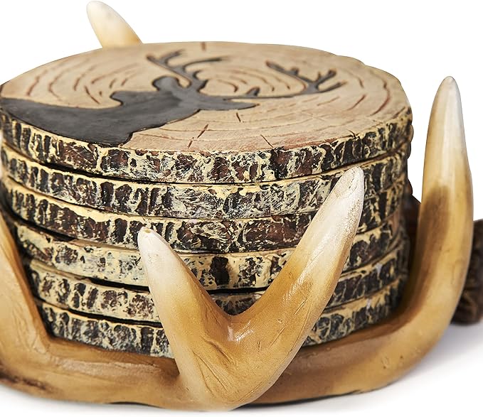 Deer Antlers Coaster Set of 6 – Handcrafted Deer Antler Decor and Man Cave Gifts for Men - 6 Full Size Deer Antlers Coasters for Man Cave Décor