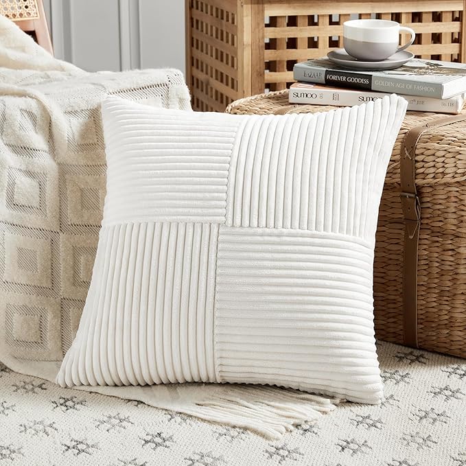 Fancy Homi 2 Packs Cream White Decorative Throw Pillow Covers 20x20 Inch for Living Room Couch Bed Sofa, Farmhouse Boho Home Decor, Soft Corss Corduroy Patchwork Accent Square Cushion Case 50x50 cm