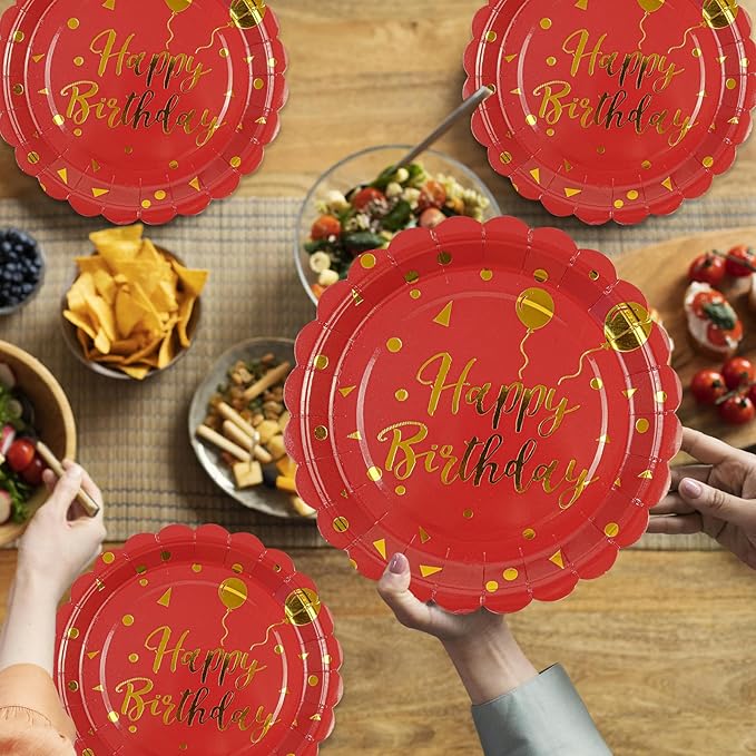 50PCS Happy Birthday Paper Plates - 7 Inch Birthday's Cake Plates Scalloped Dessert Plate Disposable Party Tableware Decorations for Birthday's Party Supplies (Red Birthday, 7 Inch)