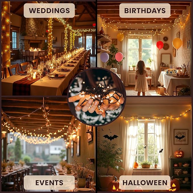 Teeny Lights 50Ct Brown - Warm Mini Bulbs with Brown Cord - Indoor/Outdoor Water-Resistant Farmhouse String Lights for Patio, Wedding, Home Decor, Rustic Christmas