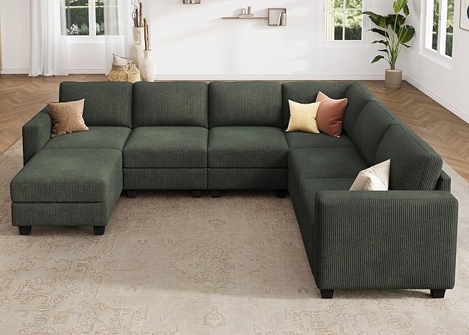 HONBAY Corduroy Sectional Sofa with Storage, U Shape Modular Sectional Sofa with Chaise, Modular Couches for Living Room, Green