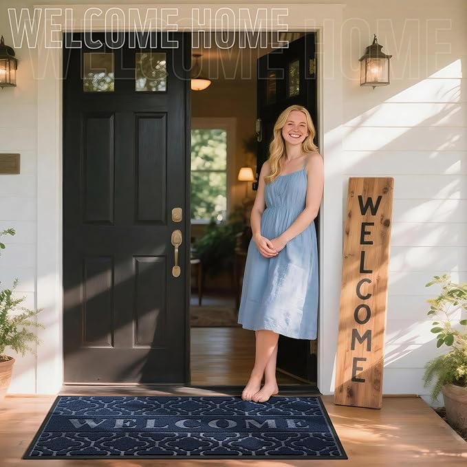 Yimobra Welcome Mat Outdoor Indoor, All-Season Waterproof Front Door Mat Outside Entrance, All-Weather Heavy Duty Non-Slip Doormat, Low Profile Porch Patio Entrance Mats, 60x36, Blue