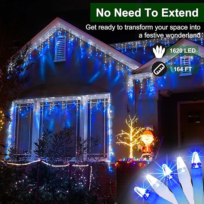 1620 LED Christmas Lights with 360 Drops,164ft 8 Modes Fairy Hanging String Lights with Time Waterproof, Plug-in Hanging String Lights for Holiday Wedding Party Christmas Decor Blue & CoolWhite