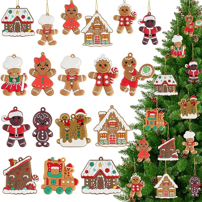 36pcs Gingerbread Man Ornaments for Christmas Tree, Assorted Gingerbread Figurines Decorations with Gingerbreads House Ornaments for Holiday Christmas Tree Home Decor