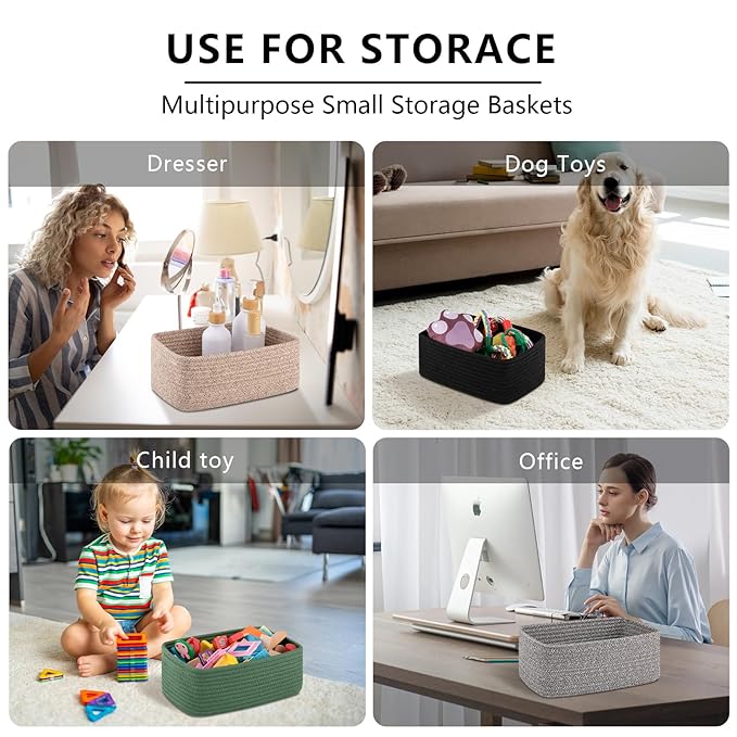 4 Pack Small Storage Shelf Baskets for Organizing, Mini Woven Rope Storage Bins for Towels, Cute Decorative Closet Organizer，Baby Nursery, Gift Empty Baskets -13''Lx8.66''Wx5.11''H-White