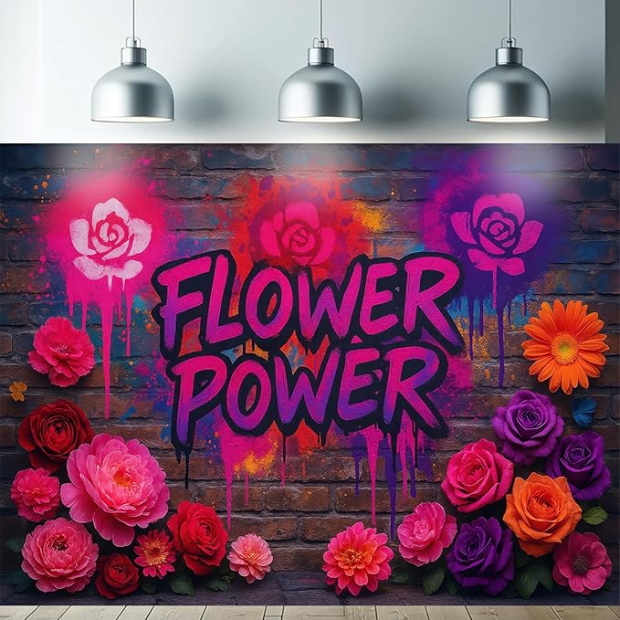 Starlit Patio Flower Power Blacklight Tapestry UV Reactive Wall Hanging Graffiti Brick Wall Roses Spray for Bedroom Dorm Living Room Glowing Retro Aesthetic Decor Fluorescent Trippy Poster 78 x 59 Inc