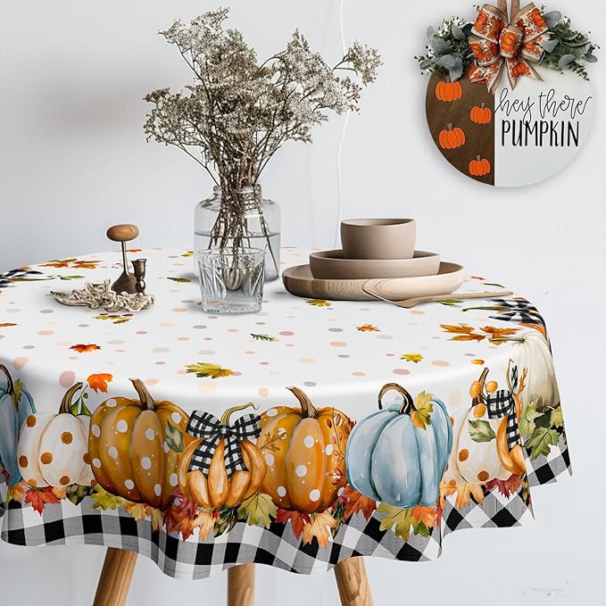 Fall Pumpkin Tablecloth Thanksgiving Autumn Buffalo Plaid Table Cloth 60"x60", Waterproof and Reusable Table Cover for Fall Harvest Party Decoration