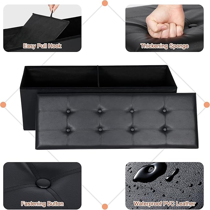 SUPER DEAL 43 Inch Folding Storage Ottoman Bench, Faux Leather Storage Chest Shoes Bench with Divider Padded Seat Couch Footrest for Bedroom Entryway, 660 lbs Capacity 43"x 15"x 15", Black