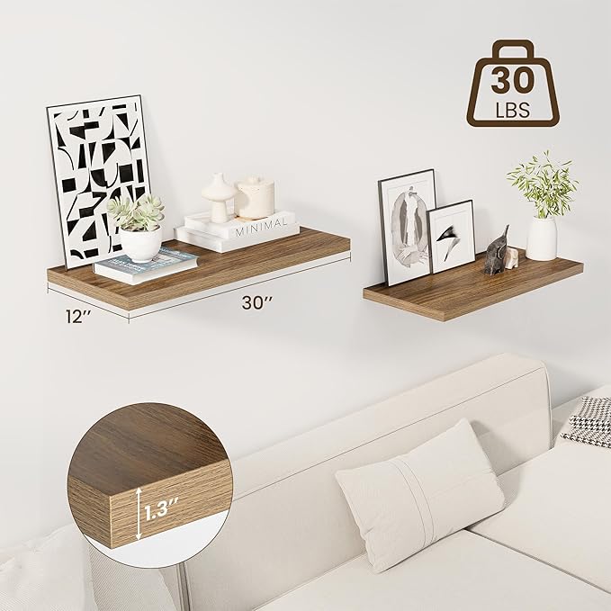 30" Floating Shelves for Wall, 12" Deep Slim Walnut Floating Shelves, Wall-Mounted Shelves for Bedroom, Living Room, Kitchen, Bathroom - Set of 2