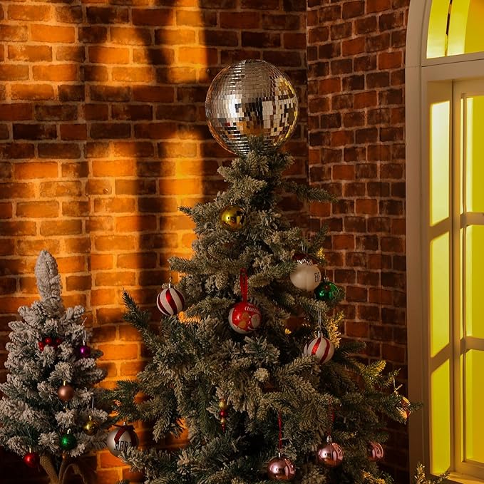 Retisee 8'' Disco Ball Christmas Tree Topper Disco Mirror Ball Xmas Tree Topper 3D Hollow Silver Decor Ornament for 70s Holiday Wedding Birthday Party Decorations