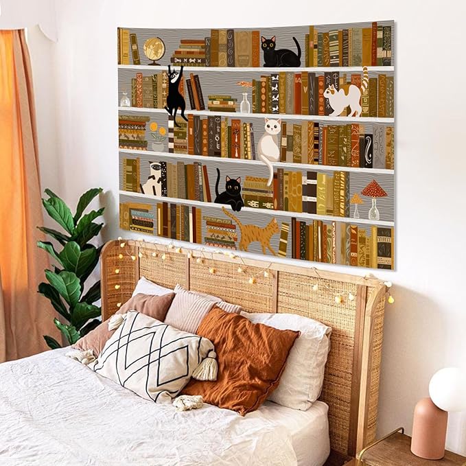 Accnicc Cat Bookshelf Tapestry Black White Cute Cats Book Shelf Tapestries Wall Hanging Art Vintage Retro Academics Library Tapestry for Bedroom Living Room Dorm 60 x 44 inch