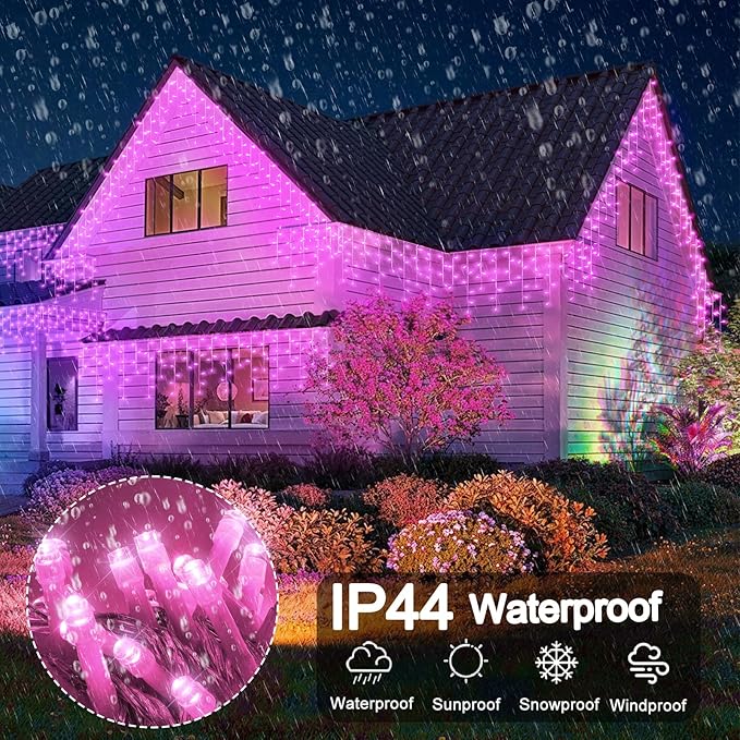 Pink Christmas Lights Outdoor, 33ft 400 LED Icicle Lights for Outside Clear Wire Connectable Twinkle Light with 8 Modes Timer Plug in Waterproof for Window Party Wedding Holiday Patio Tree Decorations