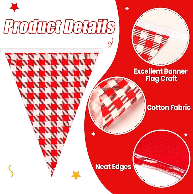 MARFOREVER 28 FT Red Plaid Checkered White Pennant Banner Flags, 30 Pcs Fabric Triangle Flag Bunting Garland Banner for Picnic Wedding Birthday Carnival Baby Shower Christmas Garden Party Decorations