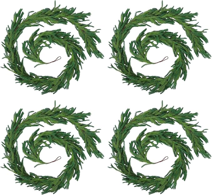 Hananona 4 Pcs 9 Ft Artificial Norfolk Pine Garlands, Realistic Pine Garland, Green Artificial Greenery Garland for Table, Mantle, Wall, Indoor, Outdoor Winter Christmas Decorations (4, 9 FT)