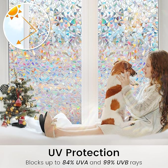 DOWELL Window Privacy Film, Rainbow Window Film, Decorative Stained Glass Clings, Static Cling Door Sticker, Non-Adhesive 3D Decals for Home UV Protection, 11.8 x 78.7 inches