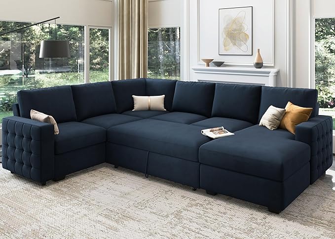 HONBAY Sectional Sleeper Sofa with Pull Out Bed U-Shape Sectional Couch Sleeper Bed with Storage Chaise Lounge Living Room 6 Seater Sectional Sofa Bed,Velvet Dark Blue