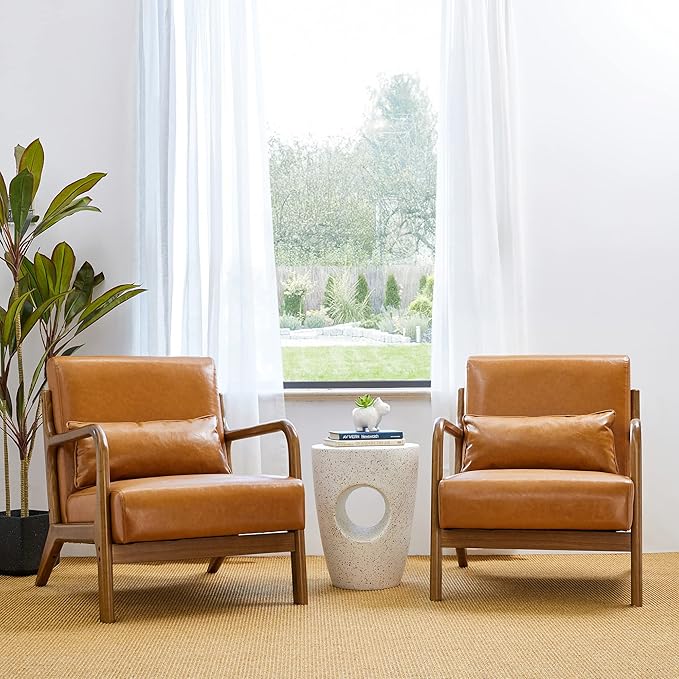 Glitzhome 30" H Mid Century Yellowish Brown Accent Armchair, Single Reading Sofa, PU Leather Lounge Chair with Walnut Ruberwood Frame for Livingroom or Office