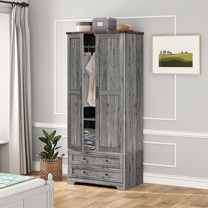 Brafab Armoire Wardrobe Closet with 2 Modern Doors, 71" Tall Freestanding Closet Wardrobe Cabinet with Drawers and Hanging Rail, Light Wooden Storage Cabinet with Shelve for Bedroom (Grey, 2 Doors)