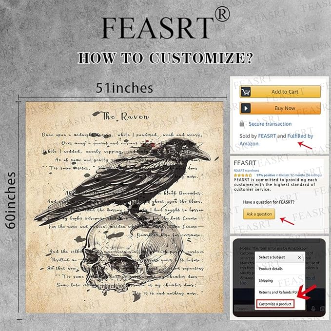 Gothic Skull and Raven Dictionary Tapestry The Raven Wall Tapestry Edgar Allan Poe Rustic Home Room Mural Posters 51x60 Inches for Living Room Bedroom Home Dorm GTQQAY1543