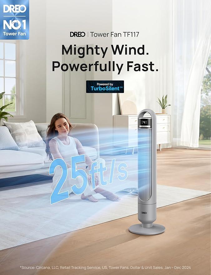 Dreo Tower Fan for Bedroom, 90° Oscillating Fan, Standing Fan with 3 Modes, 4 Speeds, 8H Timer Cooling Fans for Home, Living Room, Office, Grey, TF117