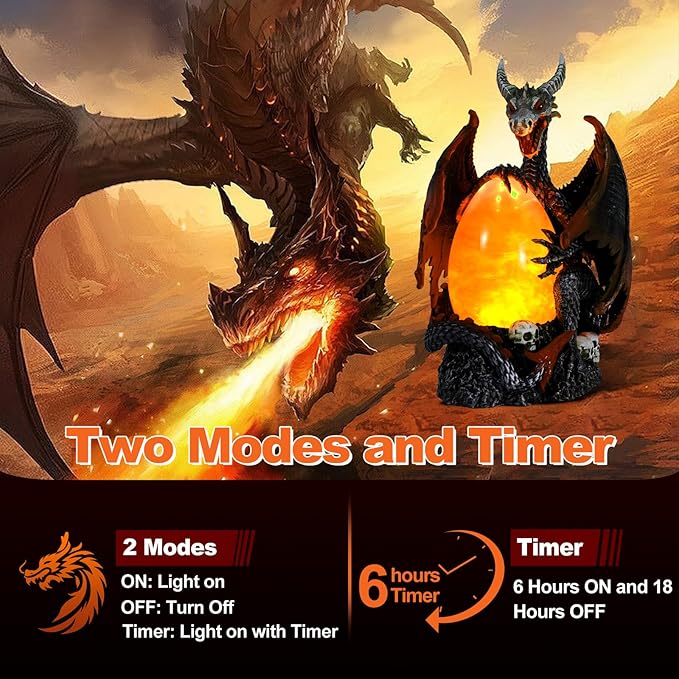 Fire Dragon Glitter Globe Statue Dragon Egg Glowing Sculpture, Skull Accent Base, Evil Dragons Lantern with 6H Timer, Battery Operated, Cool Decoration for Halloween, Fantasy Gift for Collectors