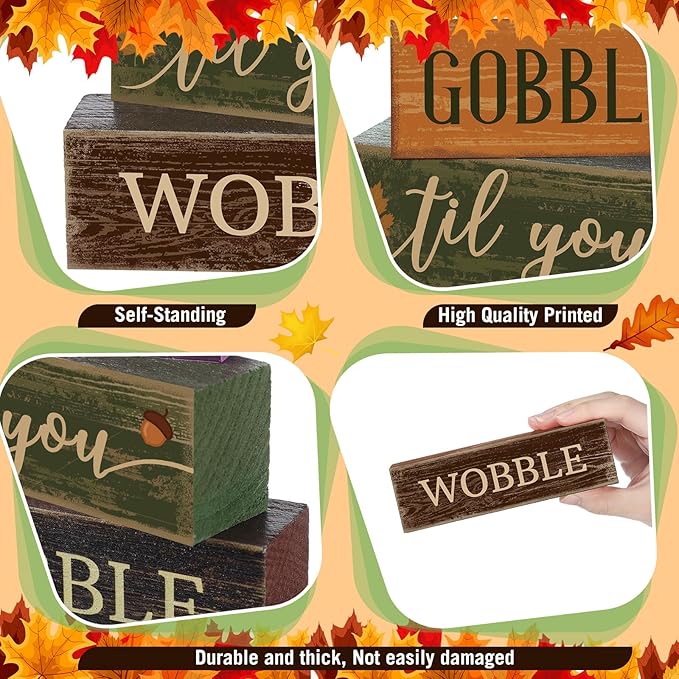 4 Pcs Fall Decorations for Home Thanksgiving Tiered Tray Decor Fall Table Decor Thanksgiving Centerpiece Rustic Wooden Turkey Block Sign for Autumn Harvest Party Table Kitchen Shelf