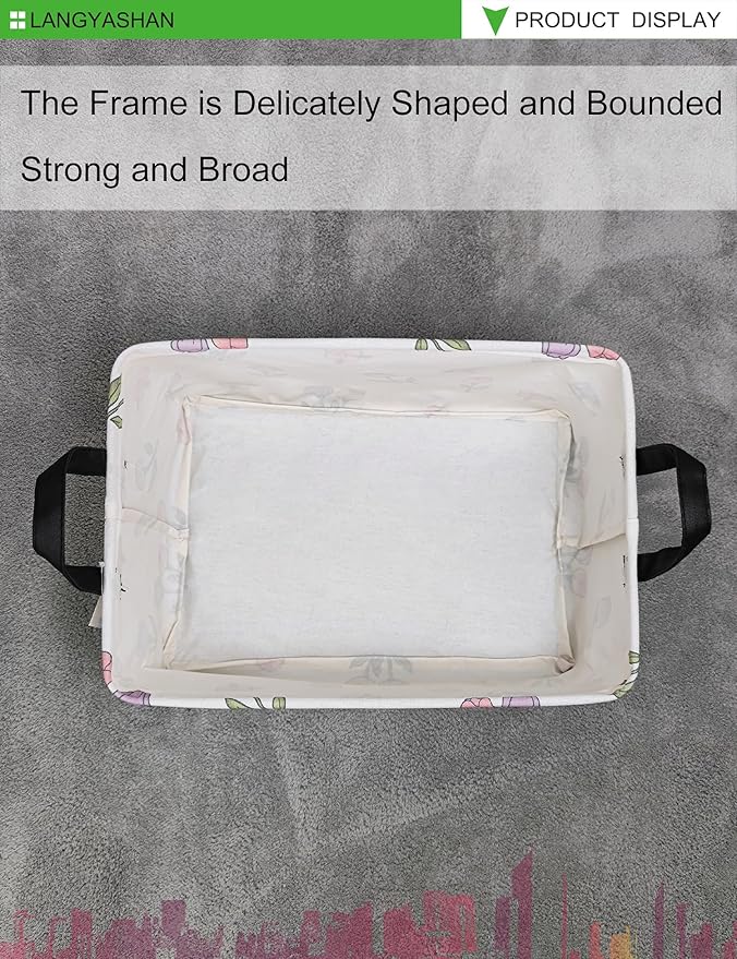 LANGYASHAN Rectangular Storage Bin Collapse Canvas Fabric Cartoon Storage Basket with Handles for Organizing Home Kitchen Boys and Girls Toys Office Closet Shelf Baskets (Rec Romantic Tulip)