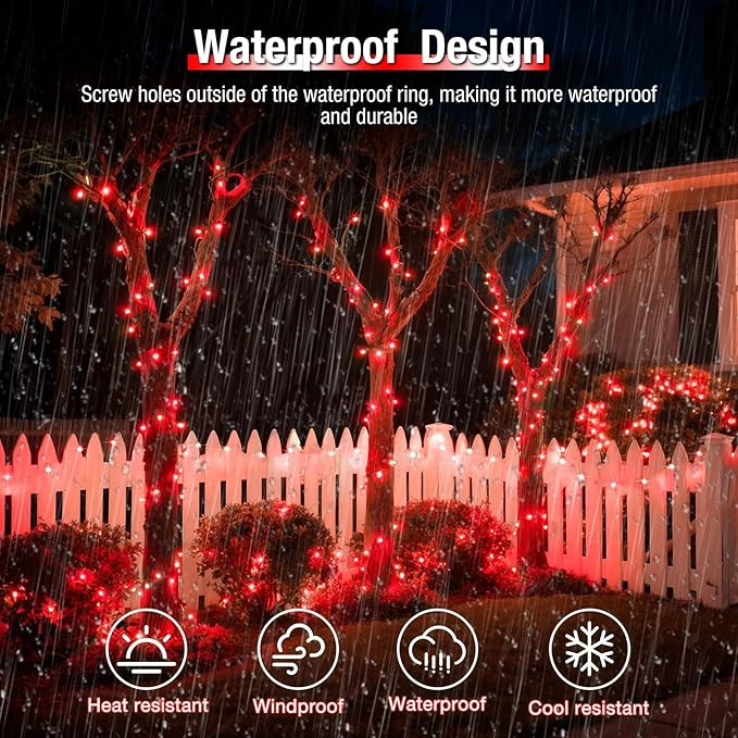 2 Pack Solar String Lights Outdoor - 160LED 66FT Solar Fairy Lights Waterproof 8 Modes, Copper Wire Solar Powered Twinkle Lights for Outside Tree Garden Christmas Wedding Party Decor, Red