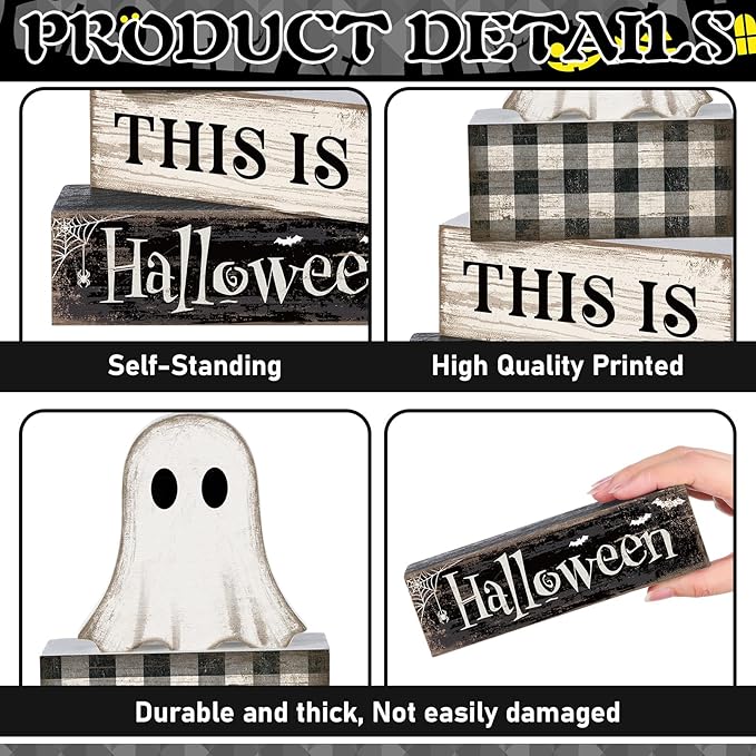 4 Pcs Ghost Halloween Decor Black and White Halloween Tiered Tray Decor Ghost Table Centerpiece Decorations Rustic Wooden Block Sign Gift for Home Shelf Kitchen Coffee Bar