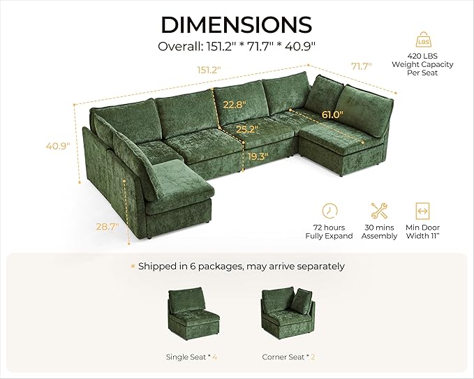 Oversized Modular Sofa Comfy Cloud Couch with Storage, Extra Deep Plush Sectional Sofa Set for Living Room, Covers Washable, Chenille, Olar (Green, 6-Seater with 2 Corners, u-Shaped)