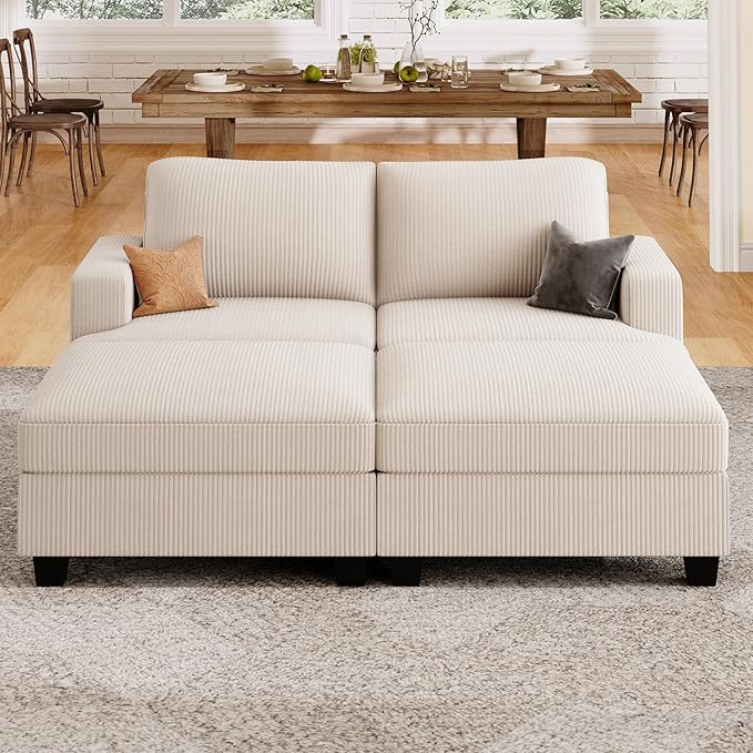 Nolany Corduroy Sectional Couch with Storage Ottoman, Sleeper Sectional Sofa, Modular Sectional Couches for Living Room, Beige