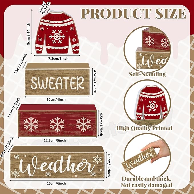 4 Pcs Christmas Table Decor Wooden Sweater Decoration Christmas Table Centerpiece Winter Tiered Tray Decor Decorative Sweater Block Signs Gift Farmhouse Xmas Decoration for Home Kitchen