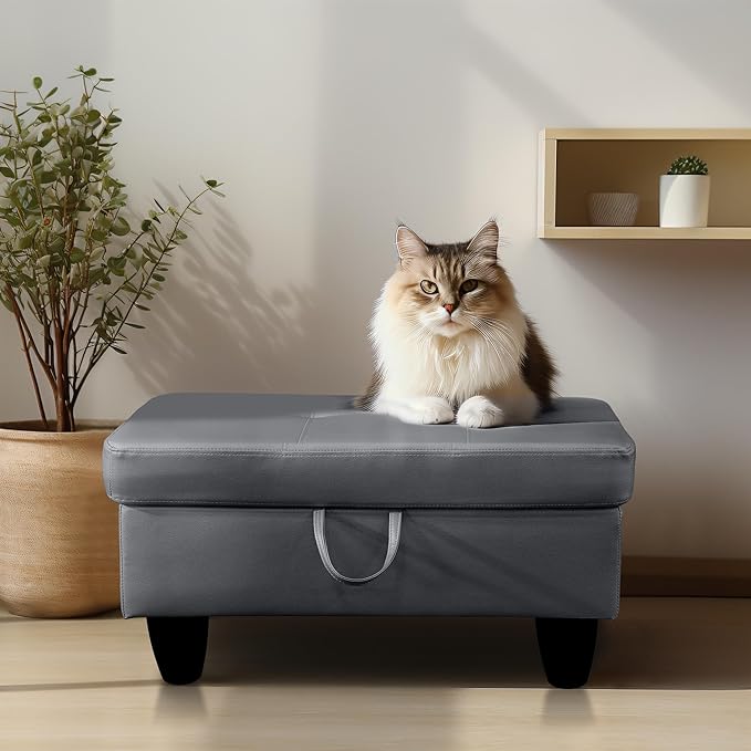 Ottoman Rectangular Storage Ottoman Bench, Faux Leather Footrest, Coffee Table, Stool Footstool with Hinged Lid for Living Room, Bedroom, Entryway, Gray, 28.5"x19"x17.5"