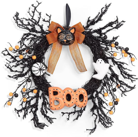 Adeeing Halloween Wreaths for Front Door, 18Inch Halloween Wreath with Black Cat Boo Sign White Pumpkin and Ghost for Indoor Outdoor Window Proch Halloween Decoration