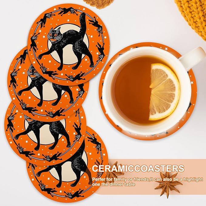 Generic AnyDesign 4Pcs Halloween Coasters Black Cat Ceramic Drink Coasters Vintage Cup Mats for Home Kitchen Table Protection Housewarming Gift