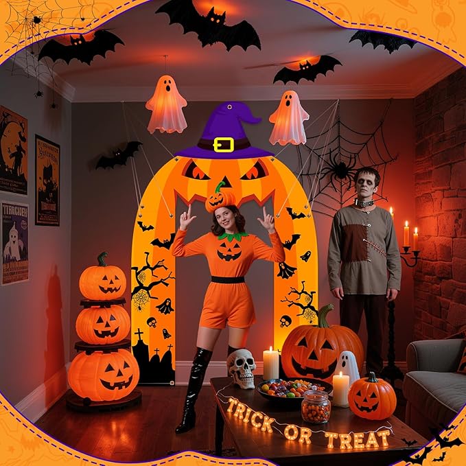 Halloween Pumpkin Party Porch Banner Witch Hat Grimace Pumpkin Archway Door Banner for Halloween Decorations Porch Sign for Birthday Photo Backdrop Outdoor Front Door Cover Indoor Hanging Supplies