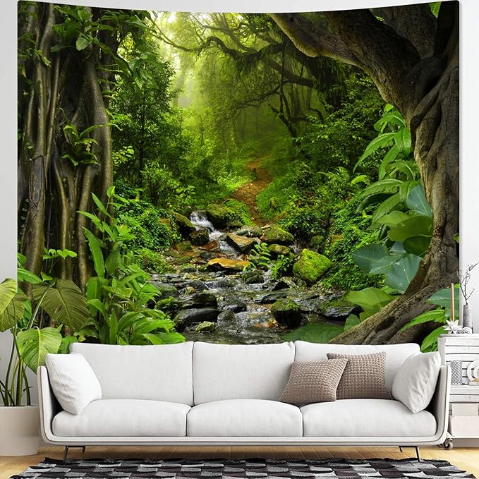 AMM Green Rainforest Tapestry Nature Forest Tapestry for Bedroom Aesthetic Misty Tropical Jungle Trees Flowing Stream Landscape Tapestries Wall Hanging for Living Room Dorm 48 x 36 Inch