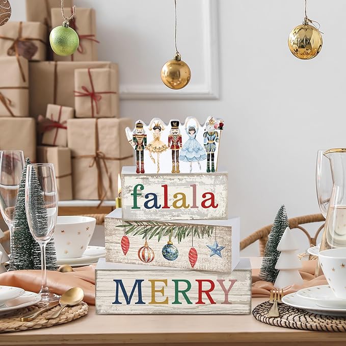 4 Pcs Christmas Table Decorations Wooden Nutcracker Fairy Ballet Merry Christmas Table Centerpiece Decorative Soldier Fairy Ballet Block Signs Gift for Xmas Home Kitchen Tier Tray Decor