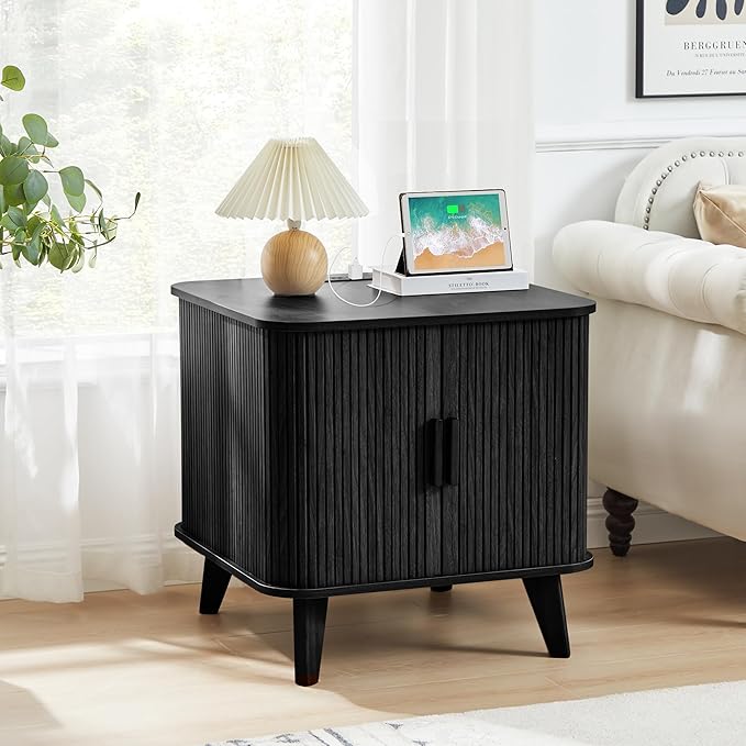 AVZEAR 24" Large Square End Table with Charging Station, Farmhouse Fluted Sofa Side Table with Sliding Tambour Door & Storage, Curved Rustic Wood Nightstand for Living Room, Bedroom, Black