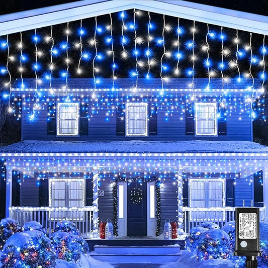 66FT 640 LED Icicle Lights for Outside, Icicle Christmas Lights Outdoor with 8 Modes Timers, Waterproof Plug in Twinkle String Light for Yard Eave Patio Party Holiday Decorations, Blue White