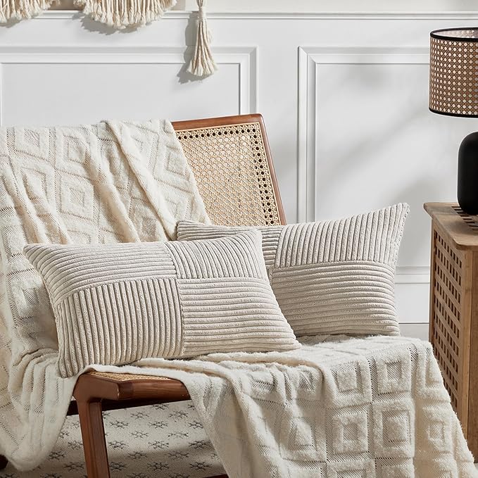 Fancy Homi 2 Packs Neutral Taupe Lumbar Decorative Throw Pillow Covers 12x20 Inch for Living Room Couch Bed Sofa, Farmhouse Home Decor, Soft Striped Corduroy Rectangle Accent Cushion Case 30x50 cm